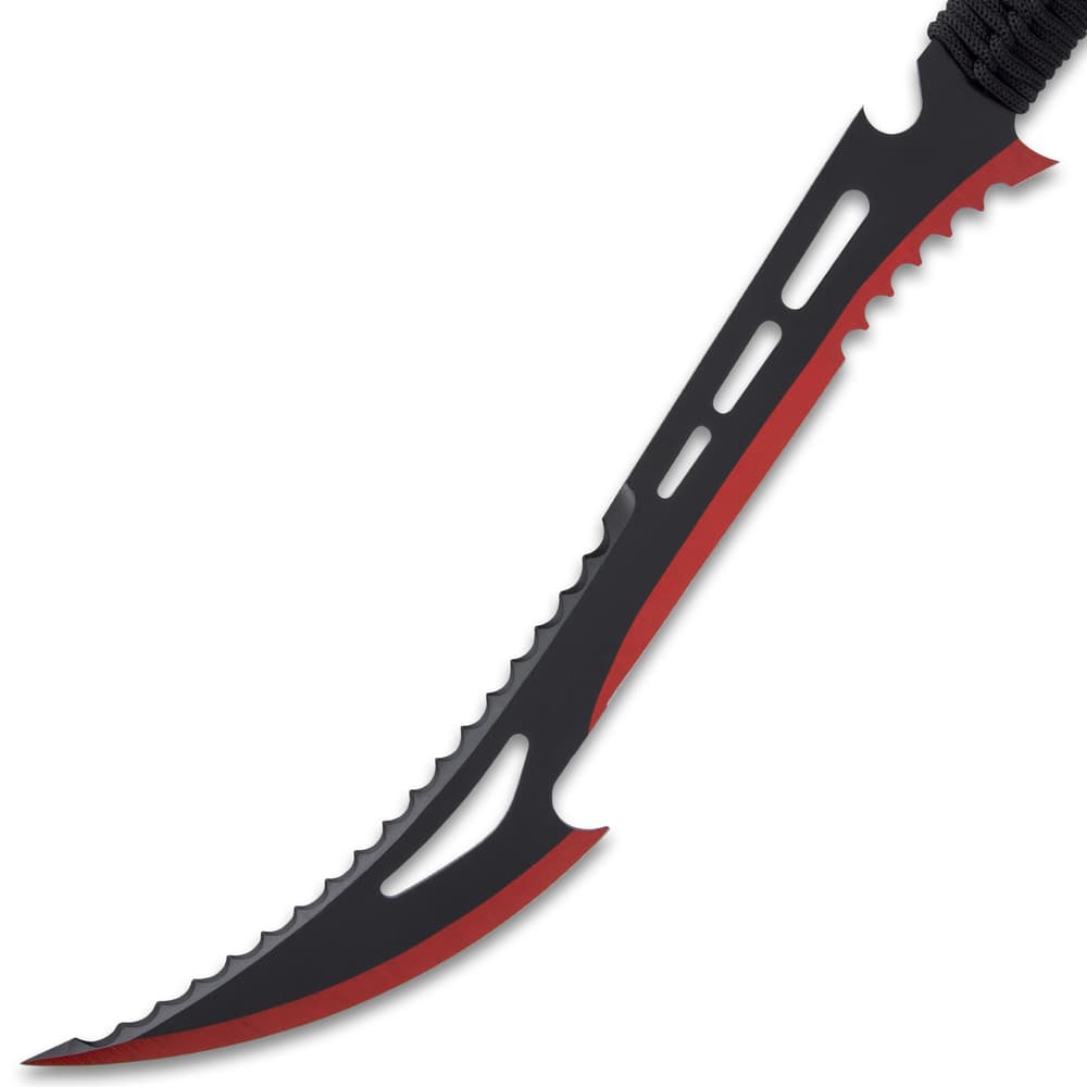 It has a razor-sharp, 17" upswept and pointed blade with a two-toned, black and red finish and a heavily notched spine image number 5