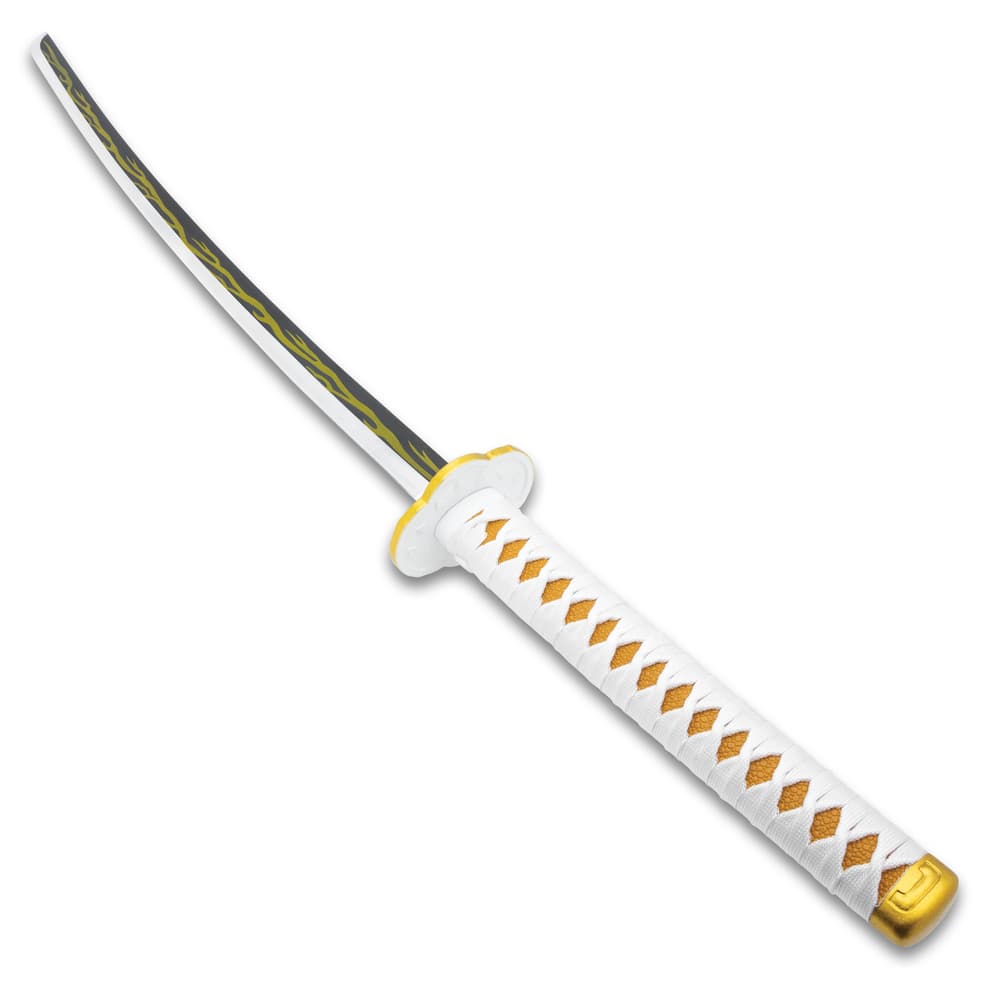 Aerial angled view showcasing the sword’s yellow faux ray skin handle with white cord wrapping and white tsuba. image number 5