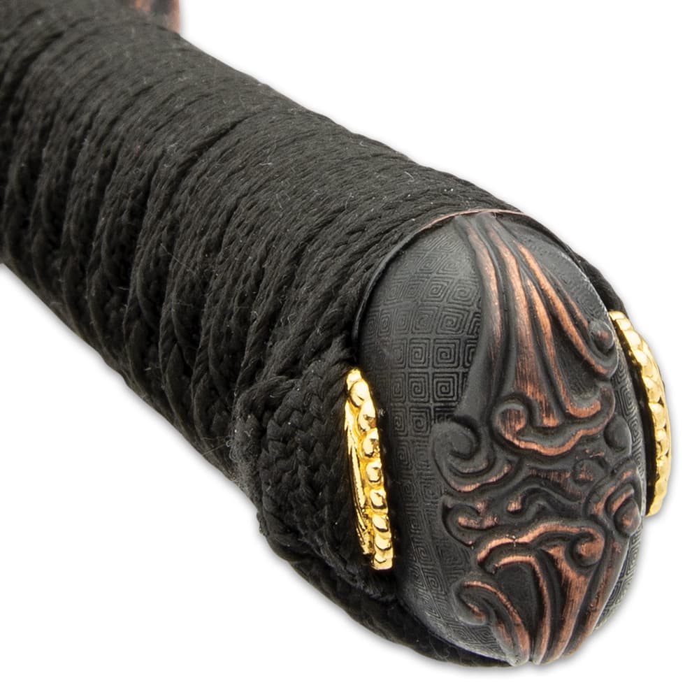 The hardwood handle is wrapped in faux rayskin and black cord and has an intricately detailed metal alloy tsuba image number 5