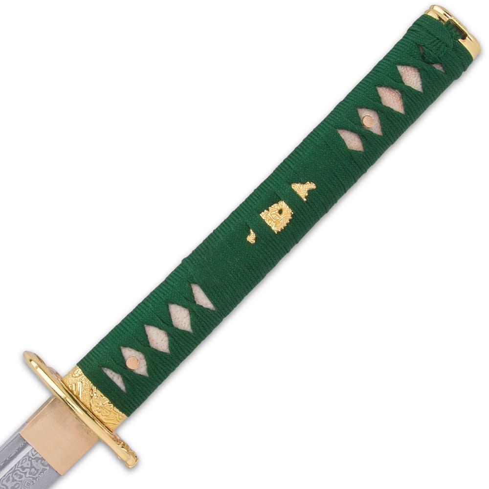 Close view of katana handle wrapped in genuine white rayskin with green cord attached to the cast iron gold-toned tsuba image number 5