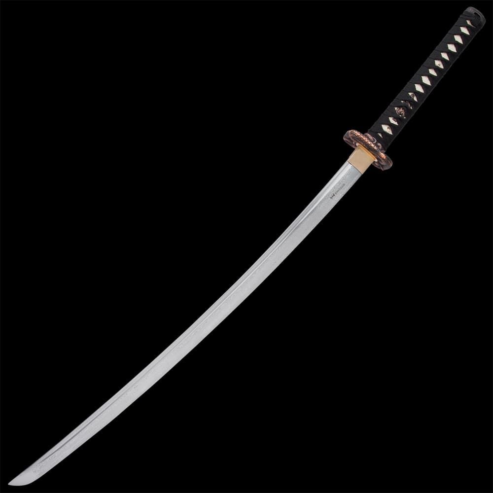 Full-tang blade is crafted of Damascus steel, extended from a polished brass habaki and snake designed handguard image number 5