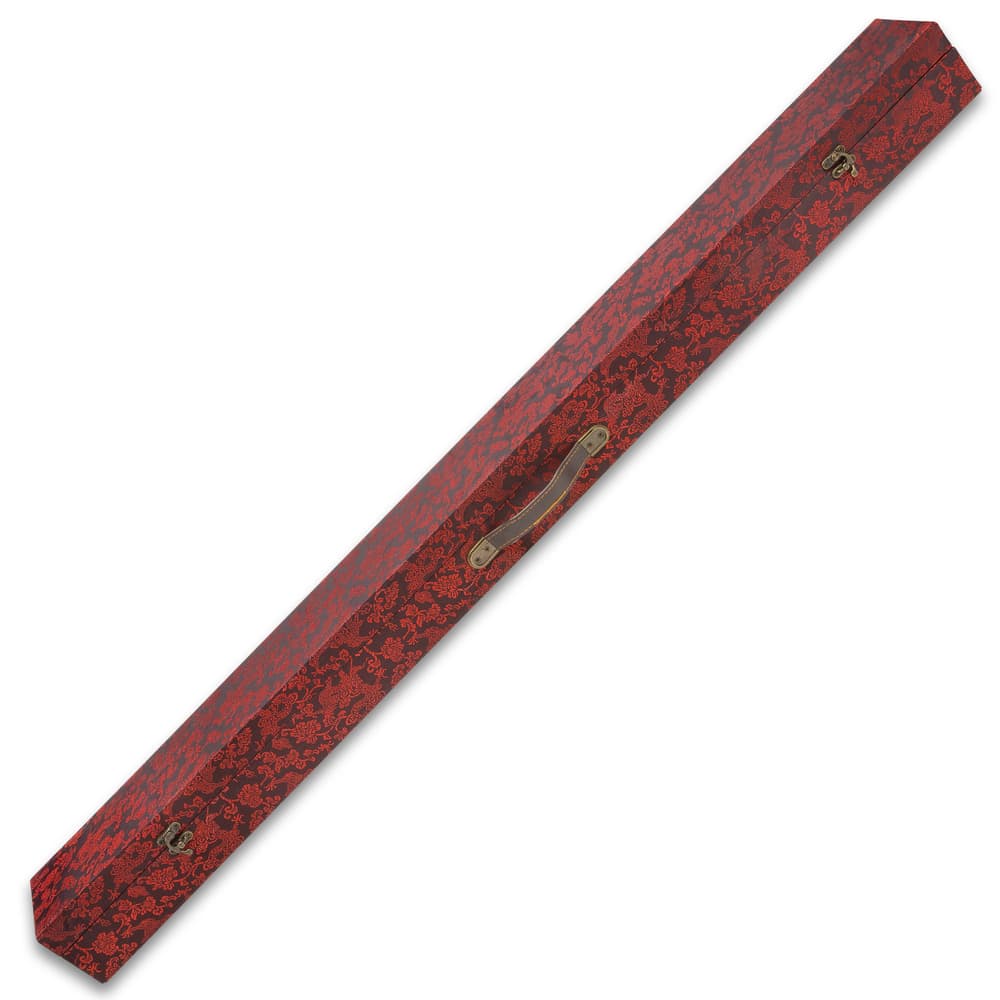 An ornate red box with handle and clasps houses the katana. image number 5