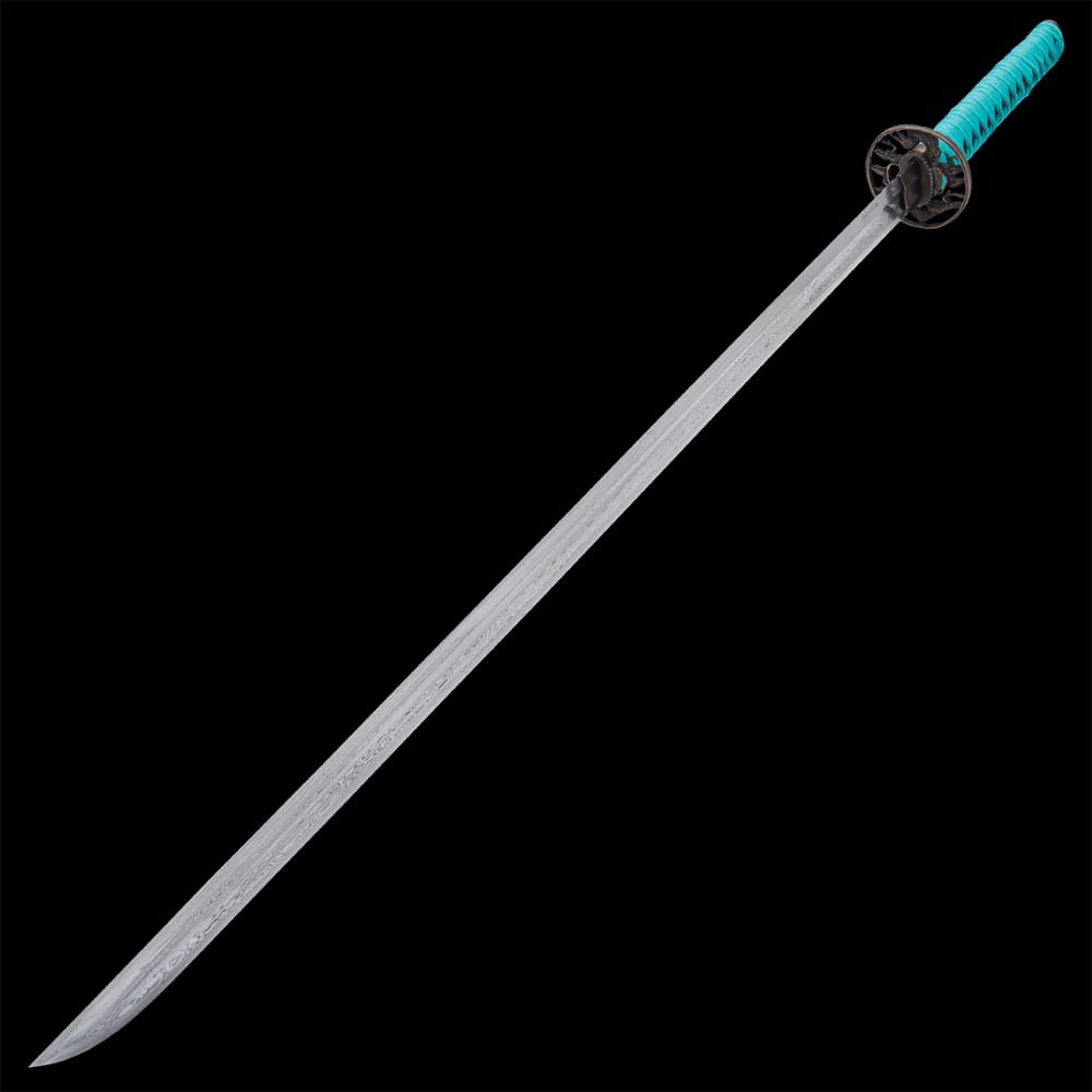 The 40” sword has a Damascus steel blade, ornate guard, and blue teal cord wrapped handle. image number 5