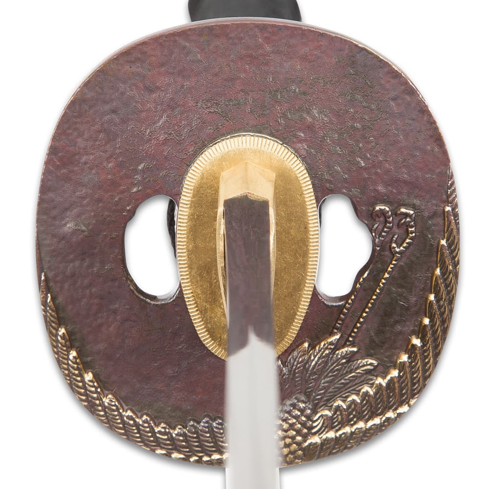The cast tsuba features a brass-colored crane design. image number 5