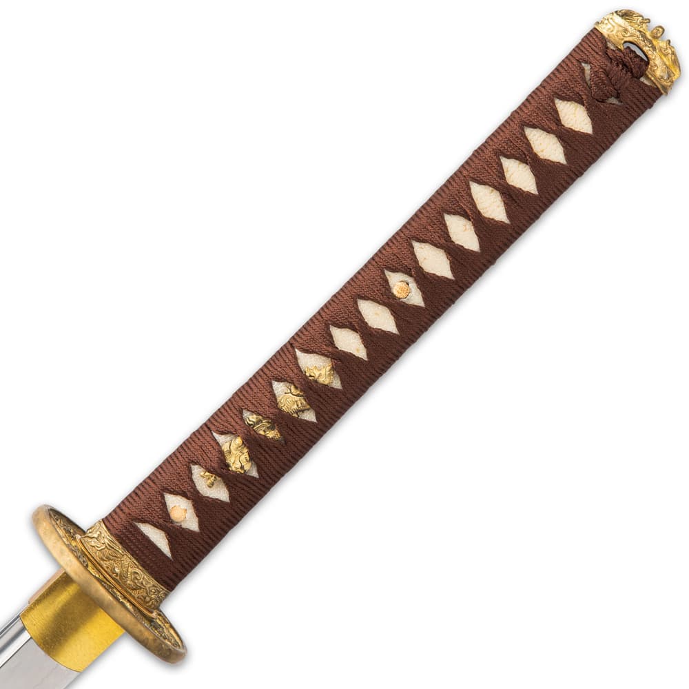The hardwood handle is wrapped in genuine rayskin and brown cord, featuring brass dragon menuki and a brass twin dragon pommel image number 5