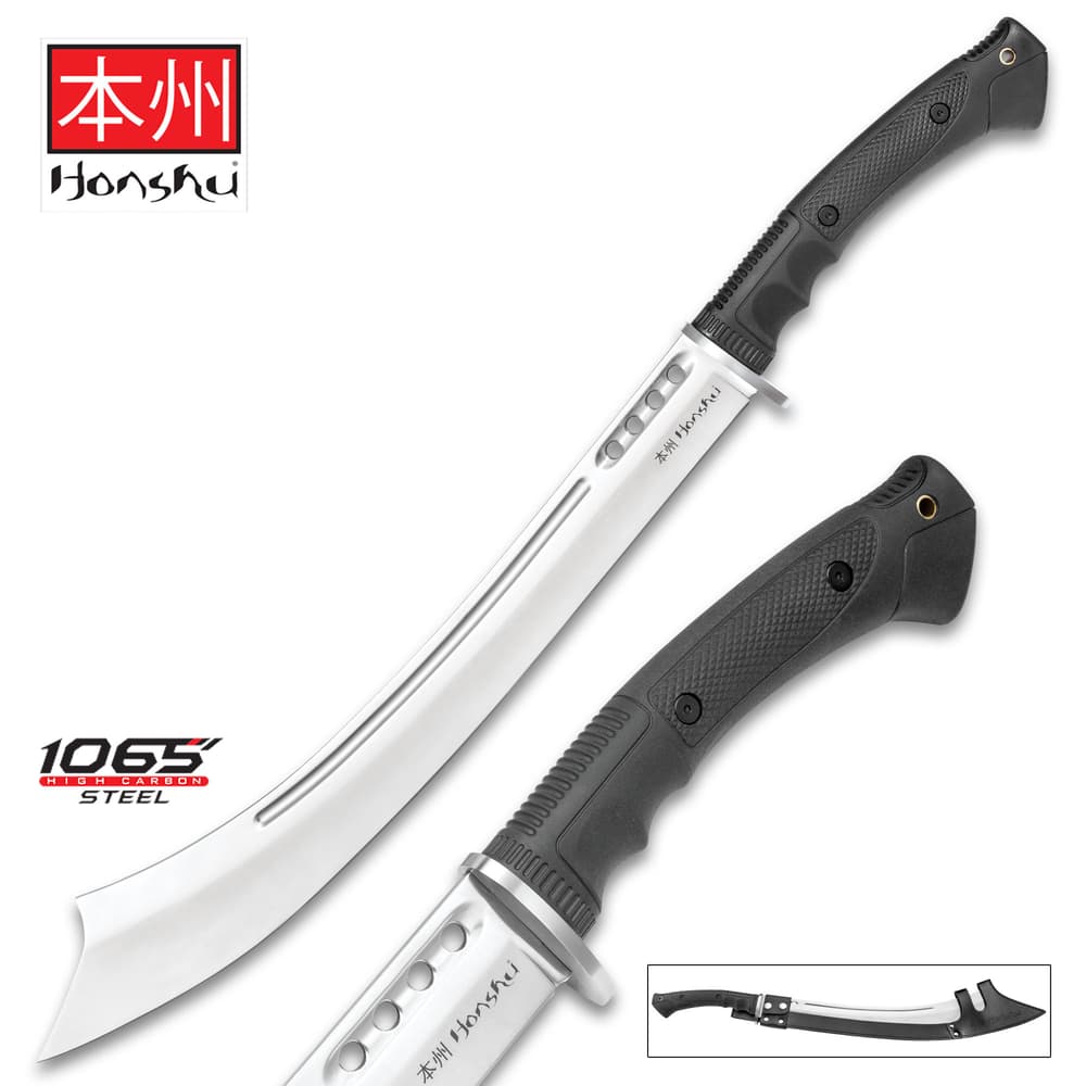 Sword with close views showcasing the stainless steel blade and its rugged handle alongside black sheath for coverage image number 5