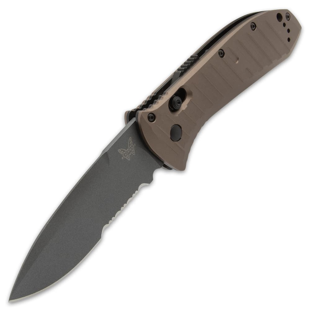 It has a serrated, 3 7/10” CPM-M4 steel, drop point blade with a grey finish and it can be deployed with the Auto AXIS mechanism image number 6