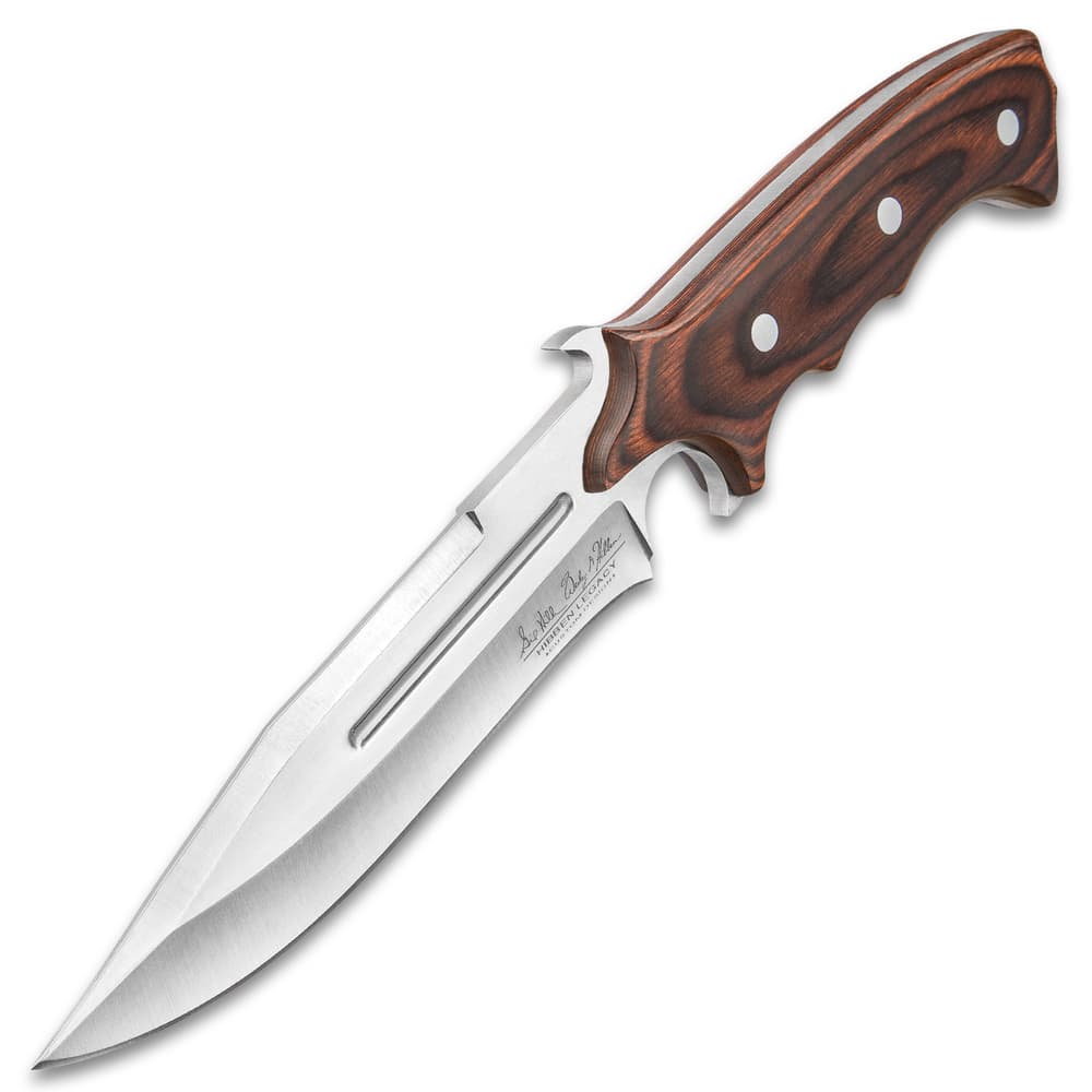United Cutlery Hibben Legacy Combat Fighter Knife II With Leather Sheath - 7Cr17 Stainless Steel Blade, Brown Pakkawood Handle, Trigger Finger Grip image number 6