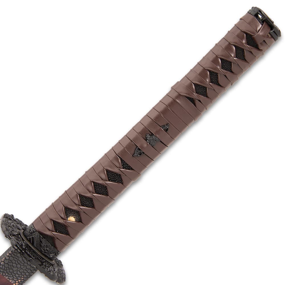 The hardwood handle has black faux rayskin and is wrapped in genuine brown leather to complement the blade image number 6