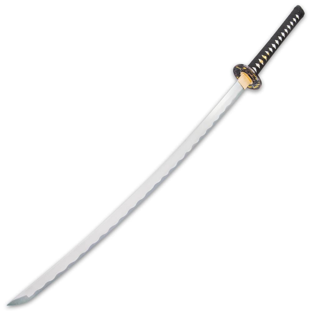 The full-tang, razor-sharp, sword has a 28”, 1045 carbon steel blade, which extends from a polished brass habaki image number 6