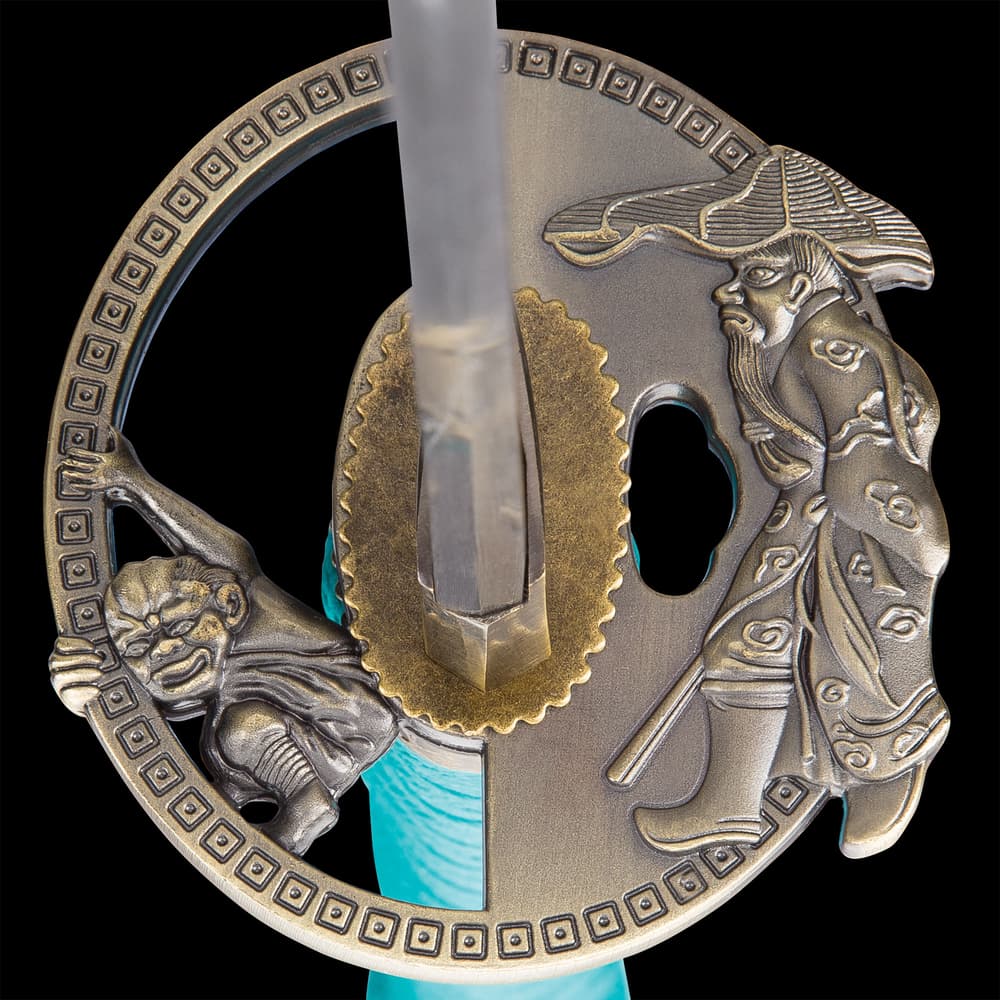 Detailed cast metal tsuba shown with themed artwork. image number 6