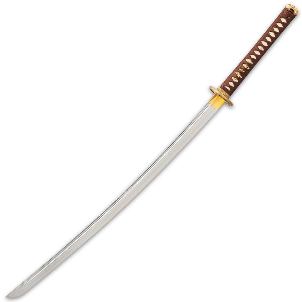 The katana has a full-tang, hand-forged, 29” 1060 carbon steel blade, which extends from a polished brass habaki image number 6