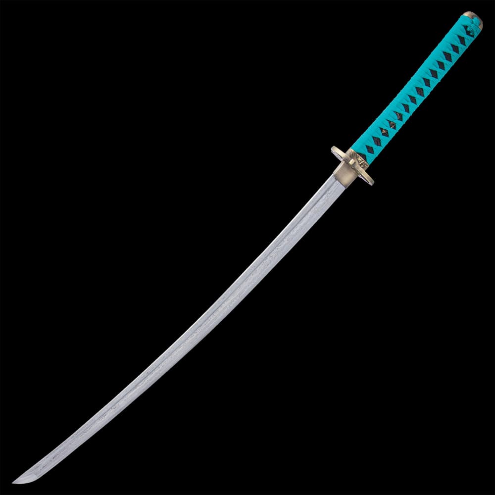 The 39” katana has a Damascus steel blade and teal cord wrapped handle with cast metal details. image number 7