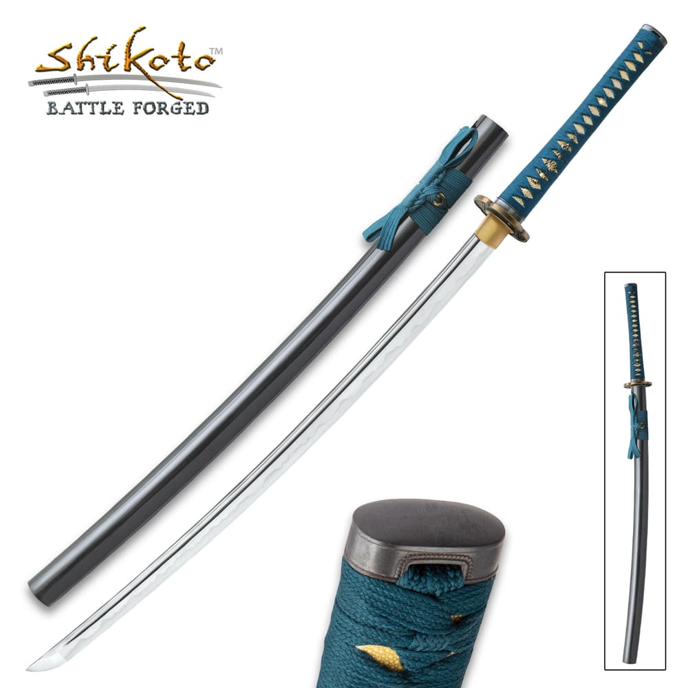 A katana steel blade sword with teal cord wrapped round tea dyed rayskin with zoomed view of black pommel encased in a black scabbard image number 7