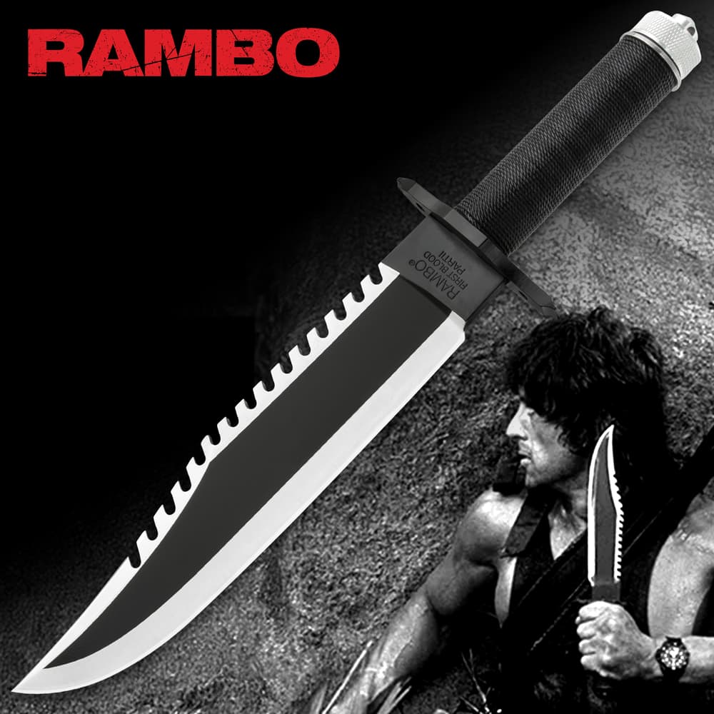 Rambo II First Blood Fixed Blade Knife Engraving “Rambo First Blood Part II signature edition” serrated saw back edge. Handle wrapped in a textured material. image number 0