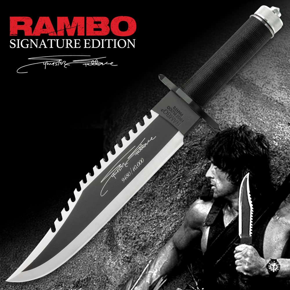 Rambo II Signature Edition Knife featuring an iconic large, bowie style blade with serrated spine. Engraved signature serial number "2980/10,000". Blade atte tactical finish image number 0