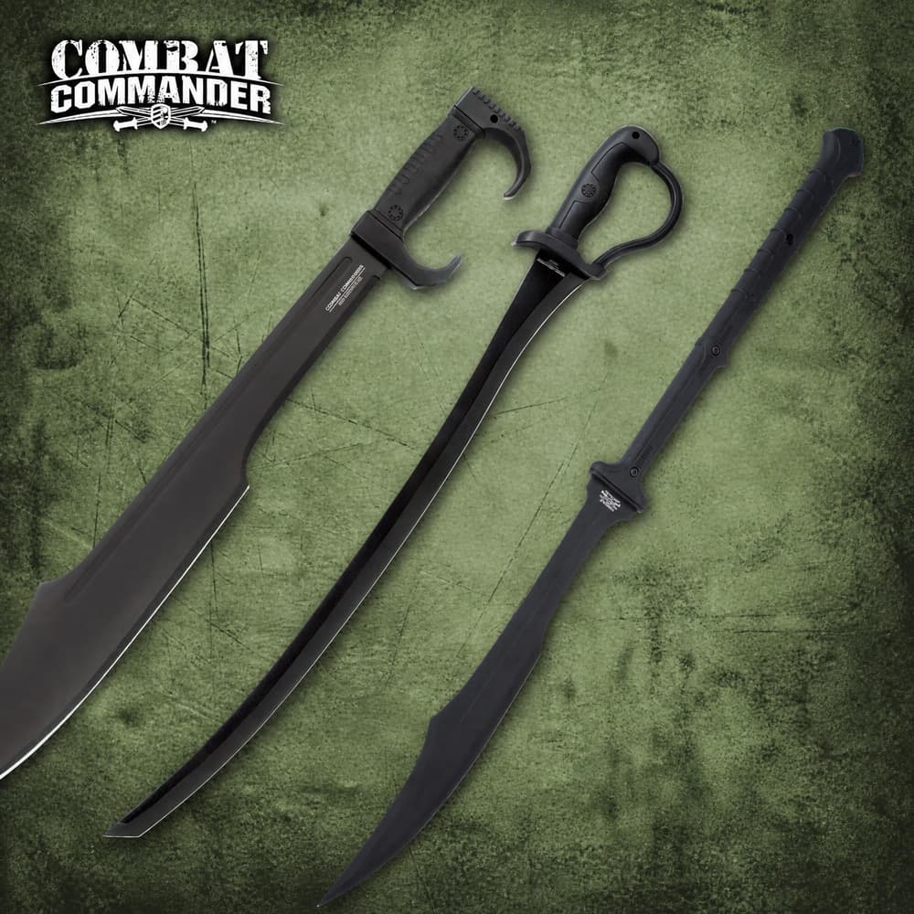 Three black tactical swords on a textured green background image number 0