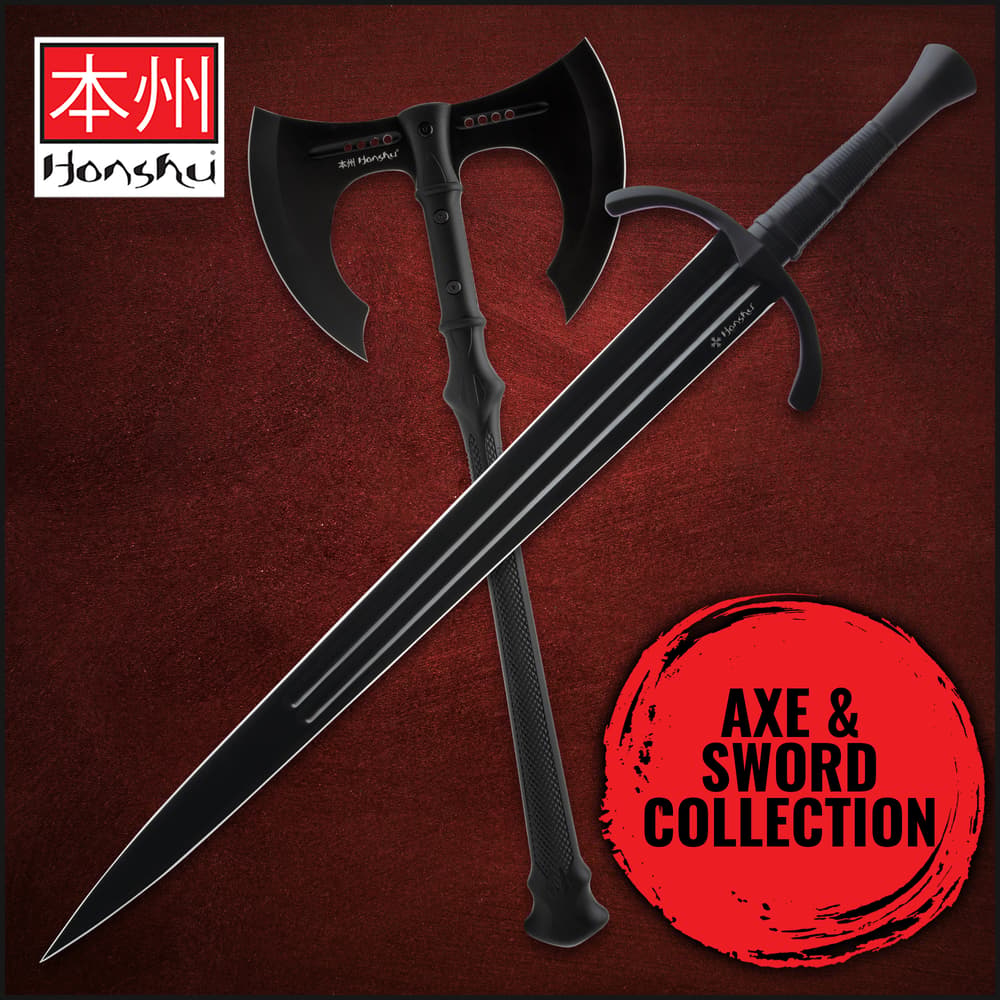 Black axe and sword on red background with text 'Axe & Sword Collection' image number 0