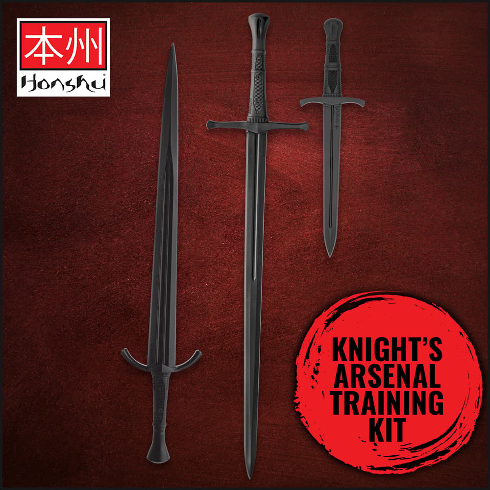 Three black training swords on a red background image number 0