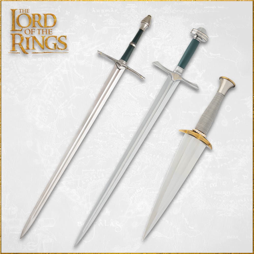 Three swords from The Lord of the Rings on a map background image number 0