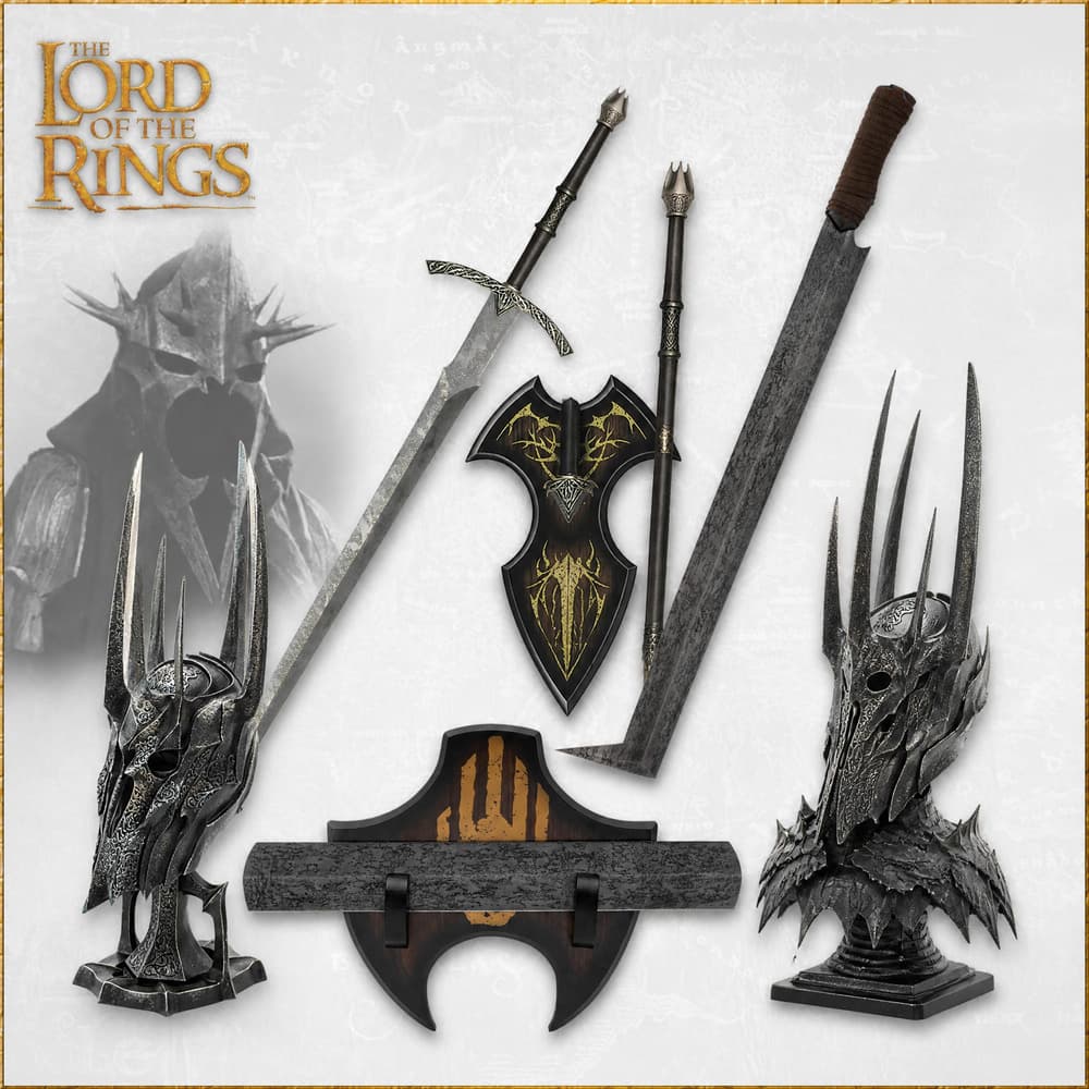 Collection of fantasy weapons and helmets with intricate designs image number 0
