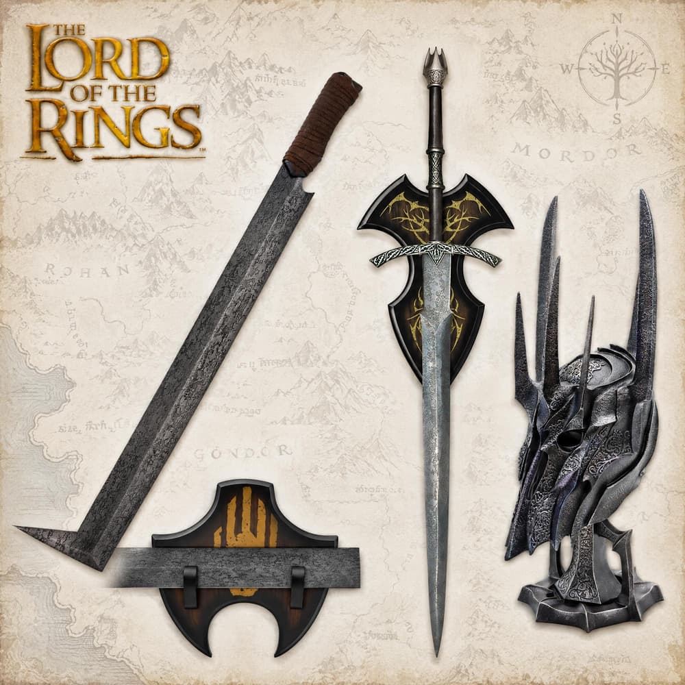 Collection of swords and a helmet on a map background with 'The Lord of the Rings' logo image number 0