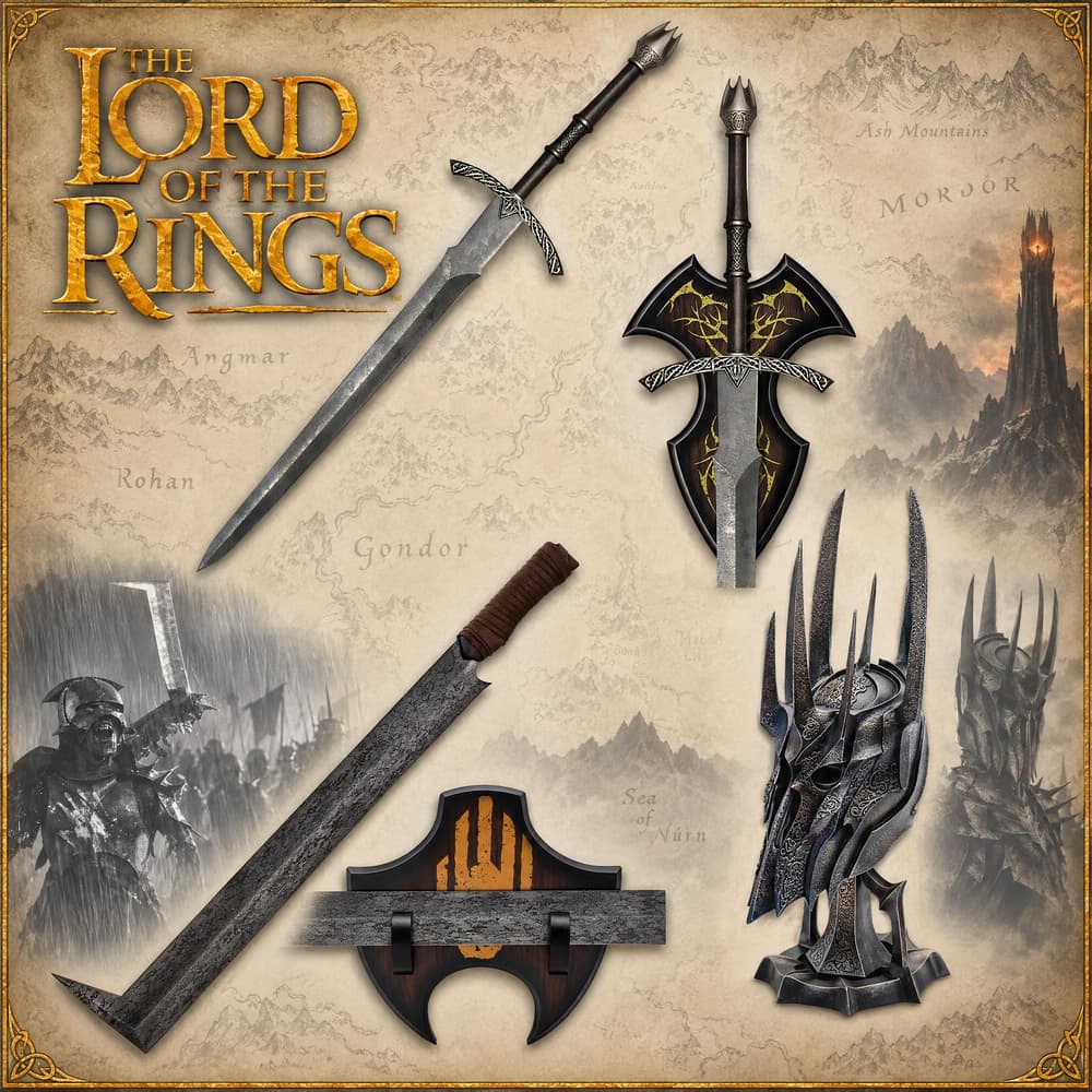 Collection of fantasy weapons and helmets with intricate designs image number 0