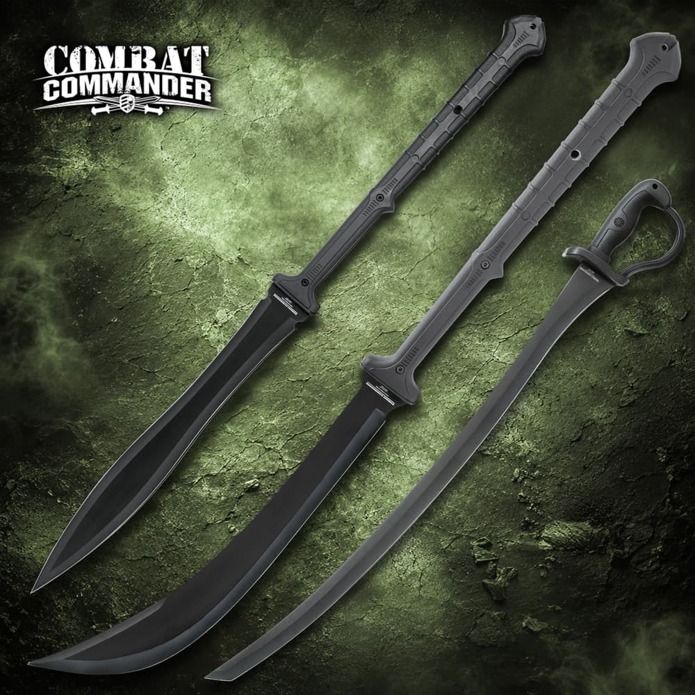 Three black swords with textured handles on a green background image number 0