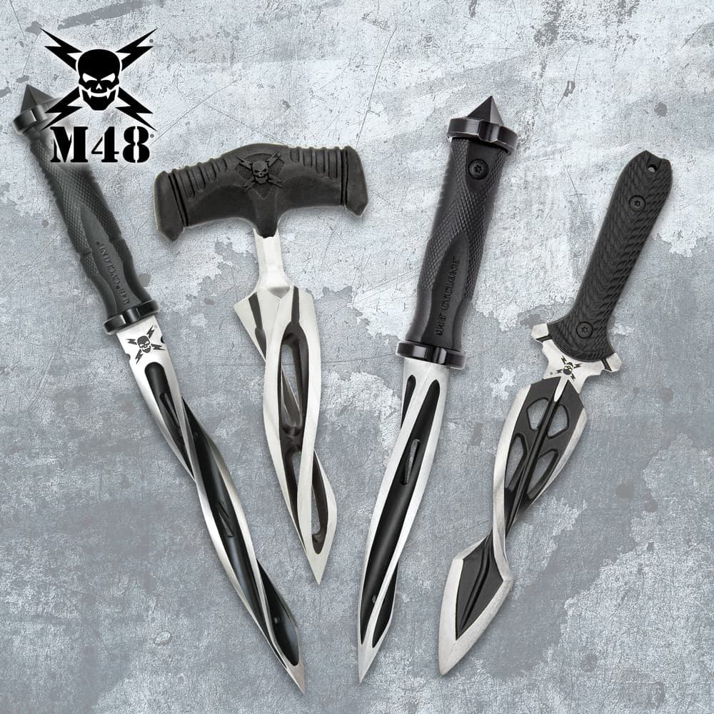 Four tactical knives with black handles on a textured background image number 0