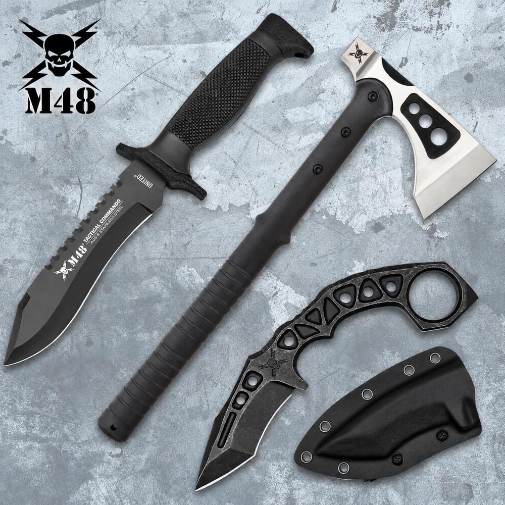 Axe, knife, and karambit on textured surface image number 0