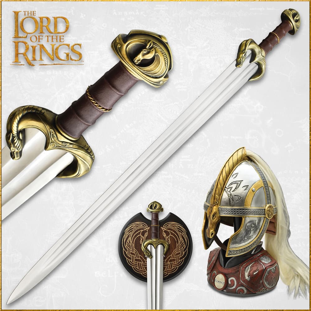 Sword and helmet from The Lord of the Rings with intricate designs image number 0