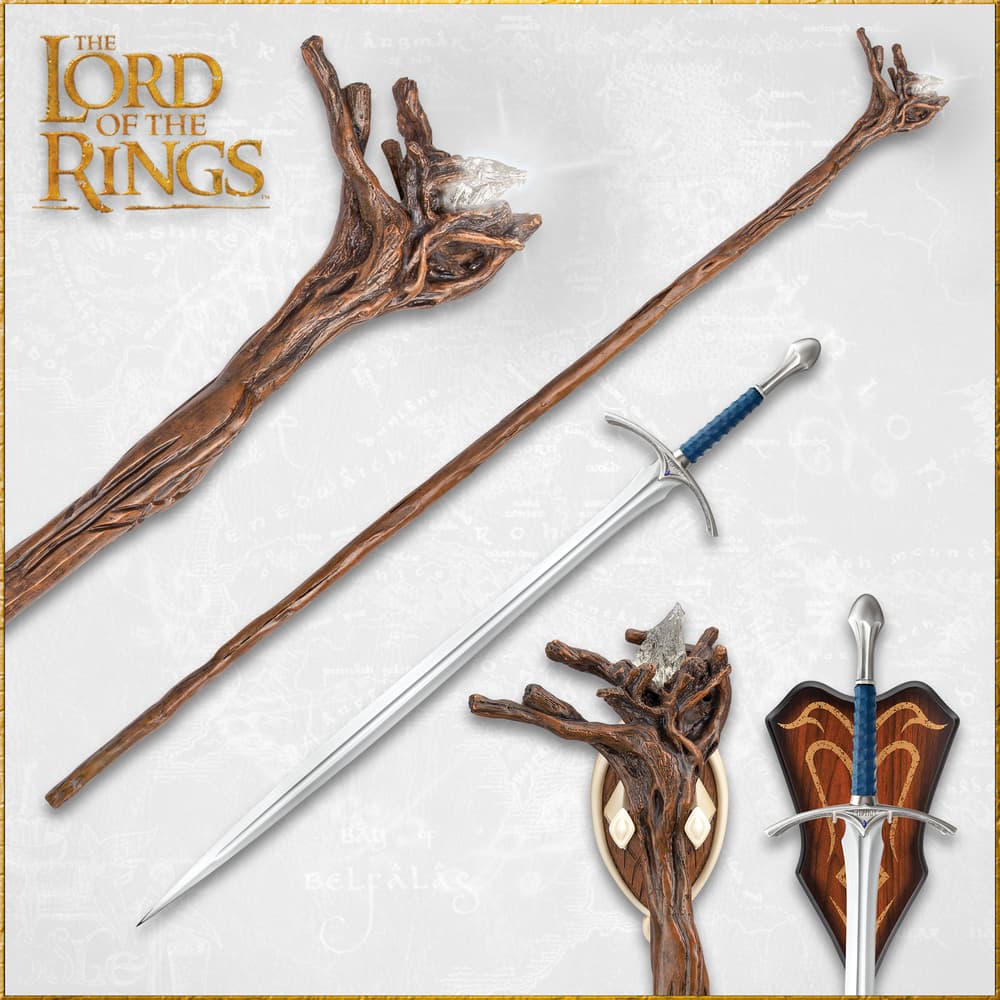 Wooden staff and sword with plaques on a map background image number 0