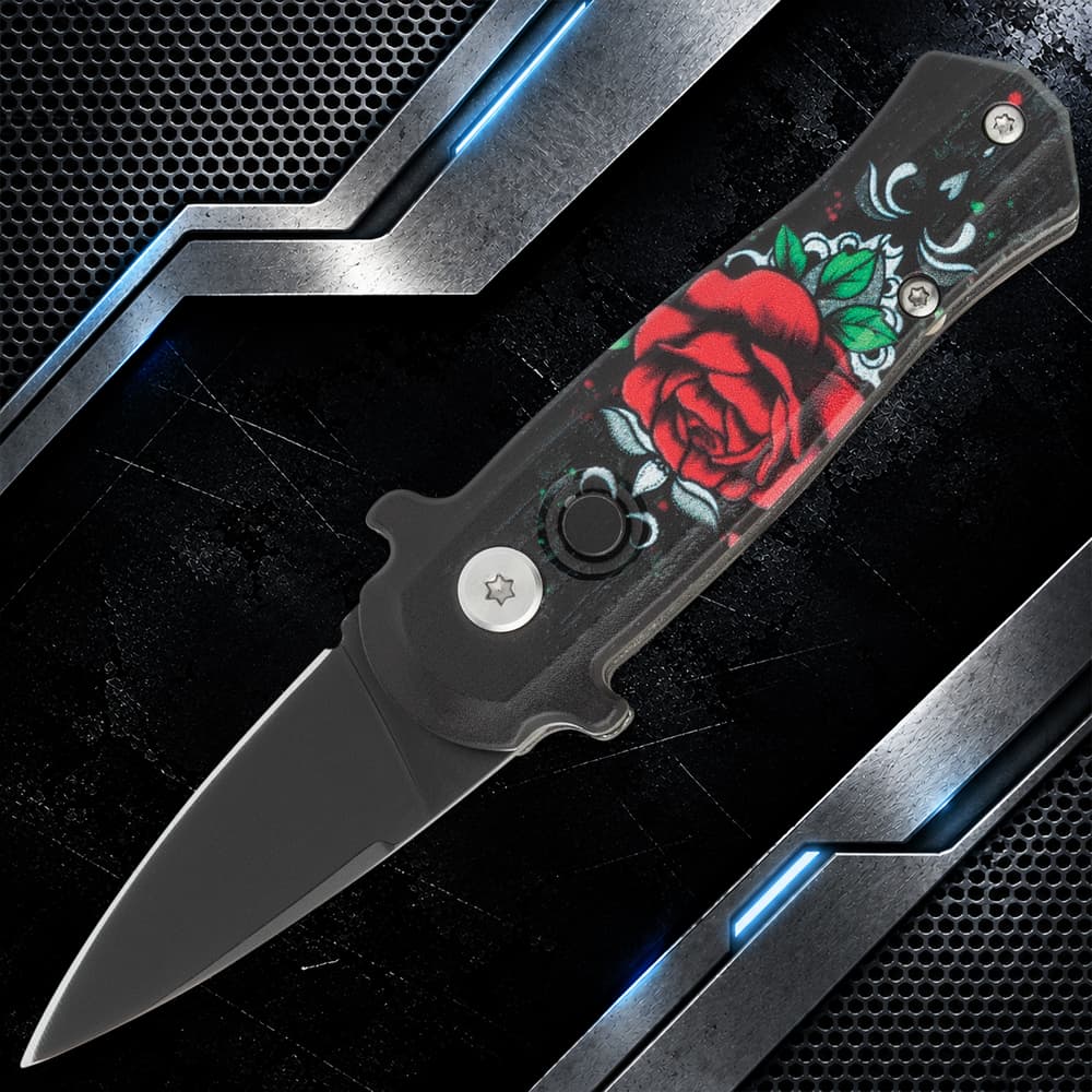 Black knife with red rose design on handle image number 0