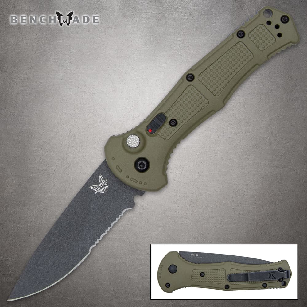 Olive drab folding knife with serrated blade and textured handle image number 0