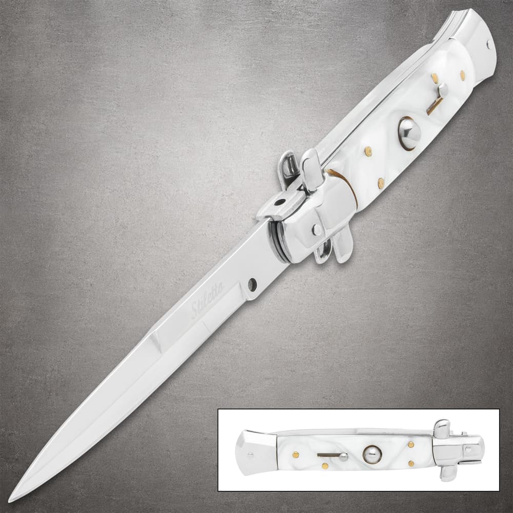 White pearl stiletto knife with stainless steel blade image number 0