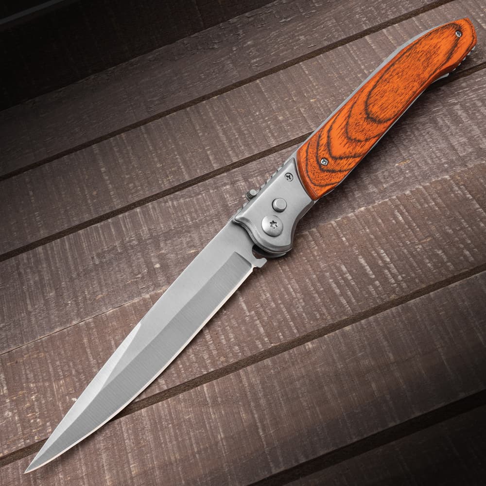 The Pakkawood Automatic Knife shown in its fully deployed position image number 0