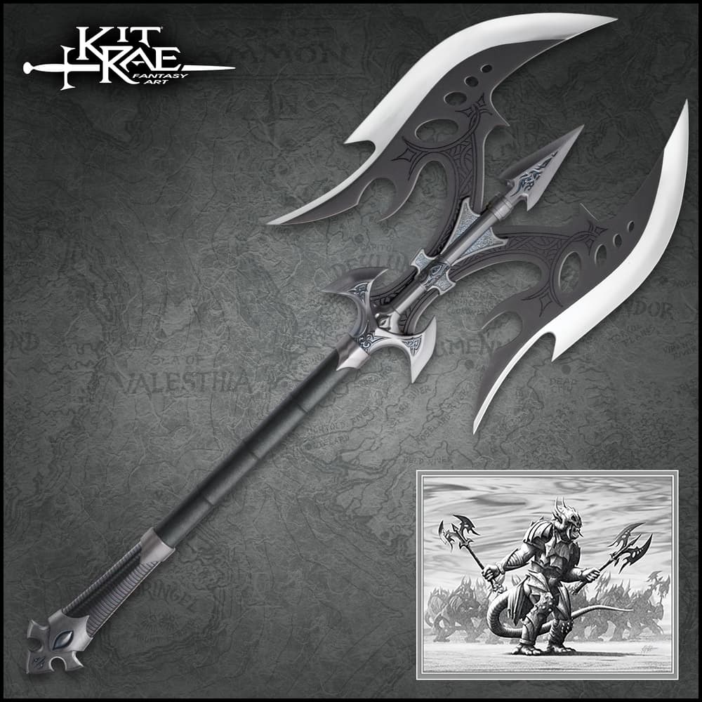 Kit Rae Black Legion Battle Axe - Stainless Steel Blades, Leather-Wrapped Handle, Metal Handle Accents, Includes Art Print - Length 35” image number 0