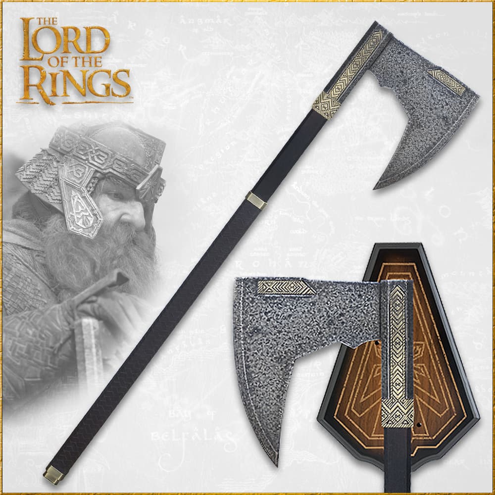 Lord of the Rings replica stainless steel bladed axe with authentic Gimli markings and a plaque image number 0