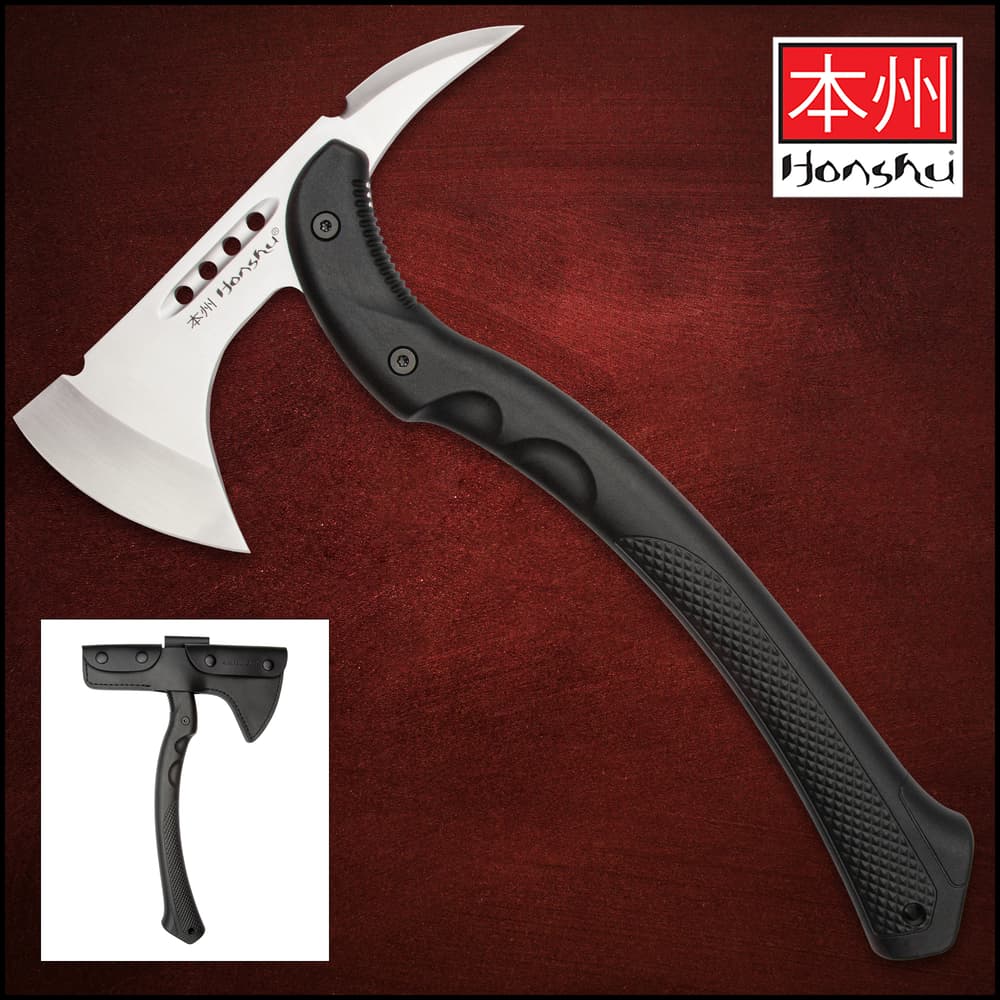 Curved tomahawk axe with a black nylon textured handle and stainless steel blade with Honsu printed in black on the center on a background of tactical gear. image number 0