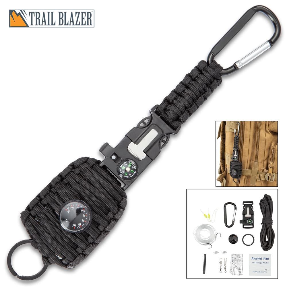 Trailblazer Paracord Fishing Kit With Carabiner - Integrated Compass, Emergency Whistle, Key Ring, Flint And Striker, Thermometer - Length 9 1/4” image number 0