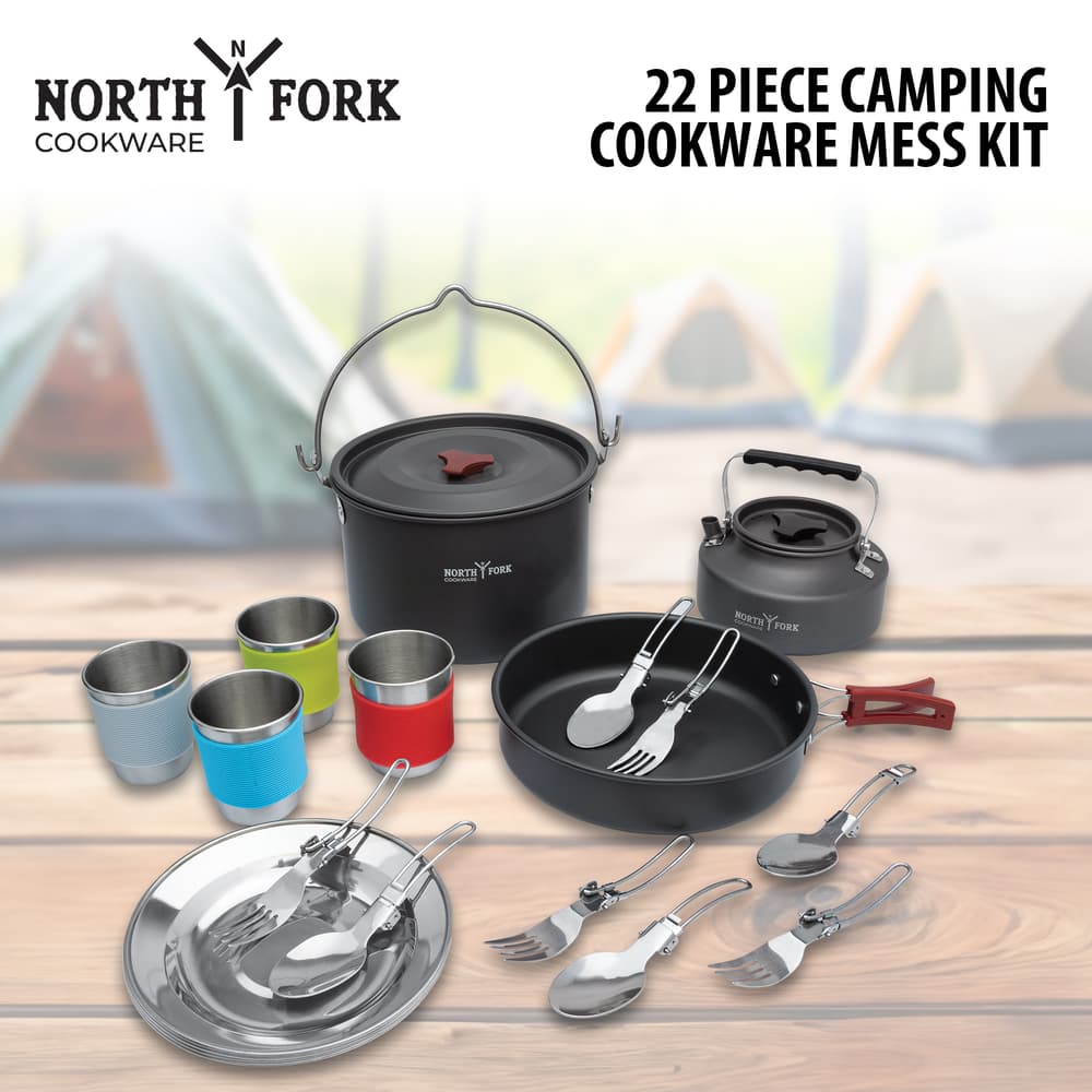 Full image of North Fork Cookware 22 Piece Camping Cookware Mess Kit. image number 0