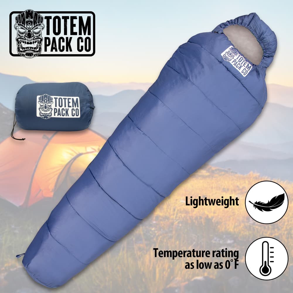 Full image of the blue Totem Pack Co. SummitSnooze Mummy Sleeping Bag. image number 0