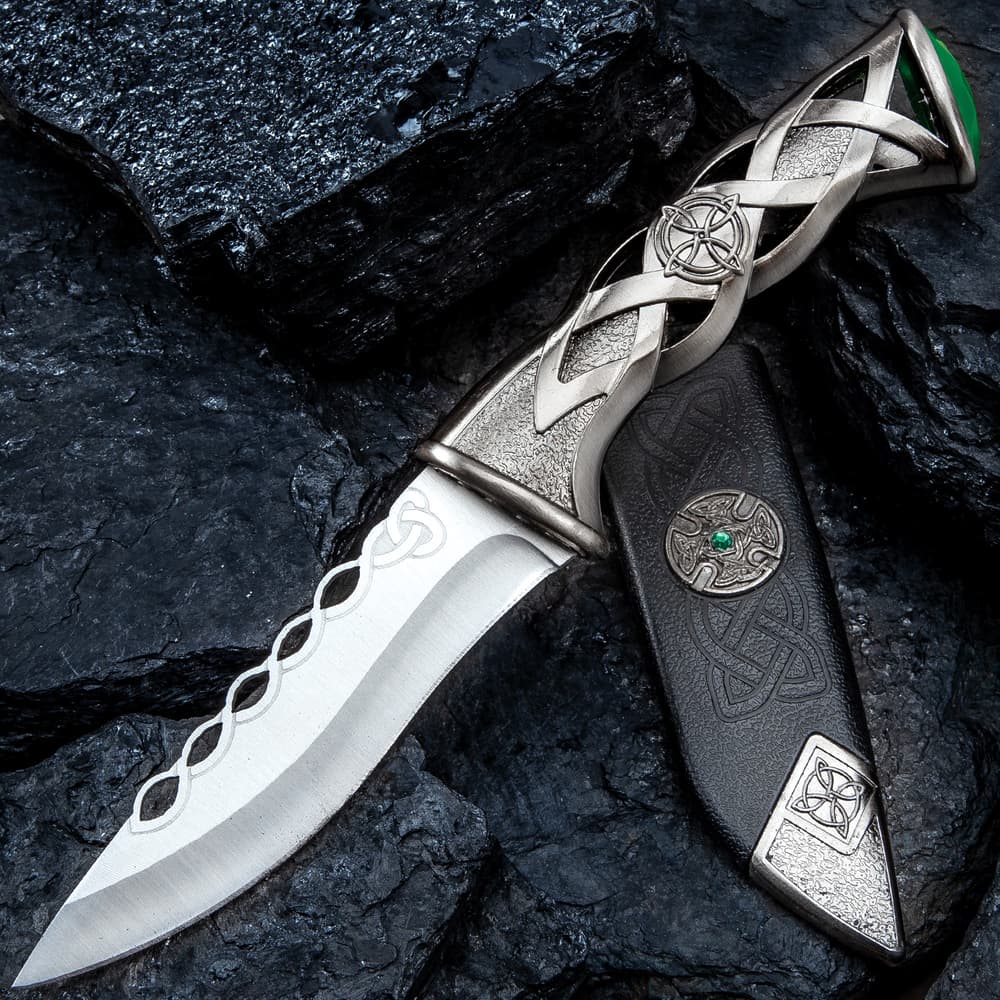 Twisted Celtic Dagger With Sheath - Stainless Steel Blade, Solid Steel Handle, Faux Emerald Accent - Length 10” image number 0