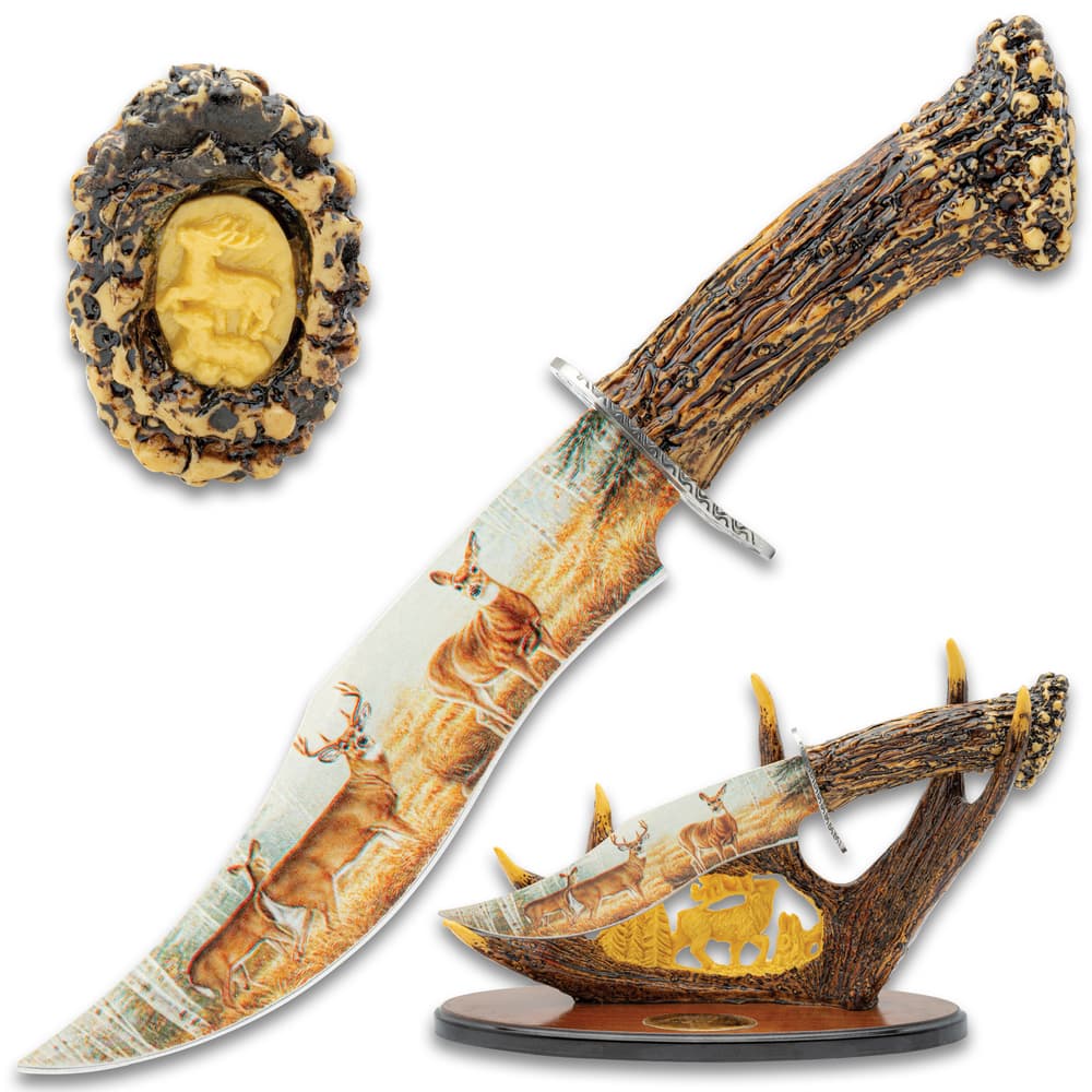 This image shows the Deer Bowie Knife in the center of the page next to the faux antler display stand and the bottom of the handle. image number 0