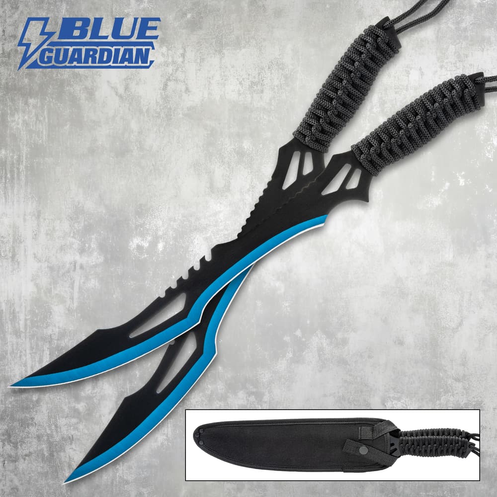 Two black and blue machetes with paracord handles and sheath image number 0