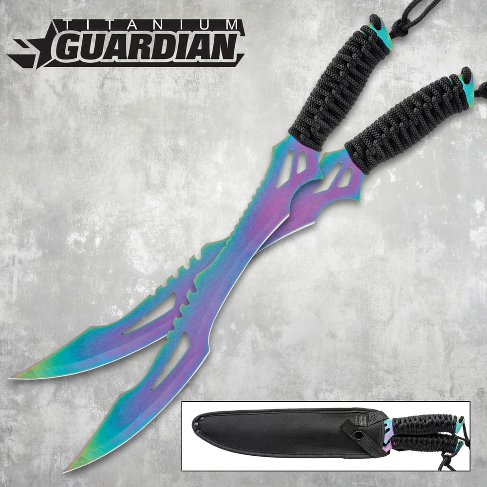 Two rainbow titanium machetes with black handles and sheath image number 0