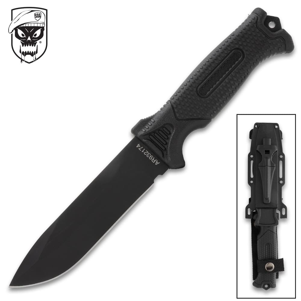 Tactical knife with sheath and logo image number 0