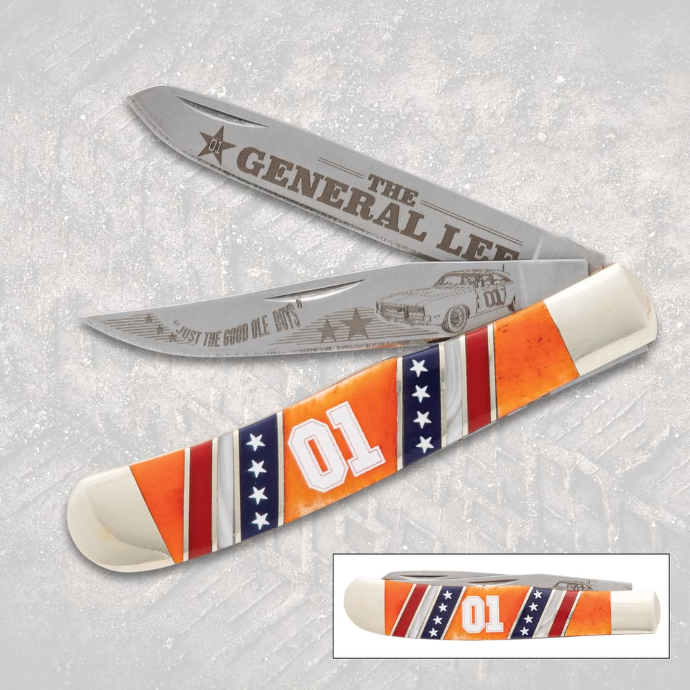 Pocket knife with 'General Lee' design and orange handle image number 0