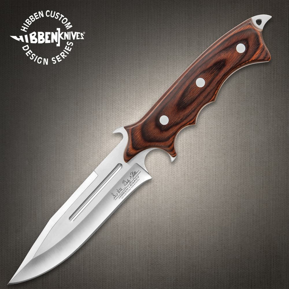 United Cutlery Hibben Legacy Combat Fighter Knife II With Leather Sheath - 7Cr17 Stainless Steel Blade, Brown Pakkawood Handle, Trigger Finger Grip image number 0