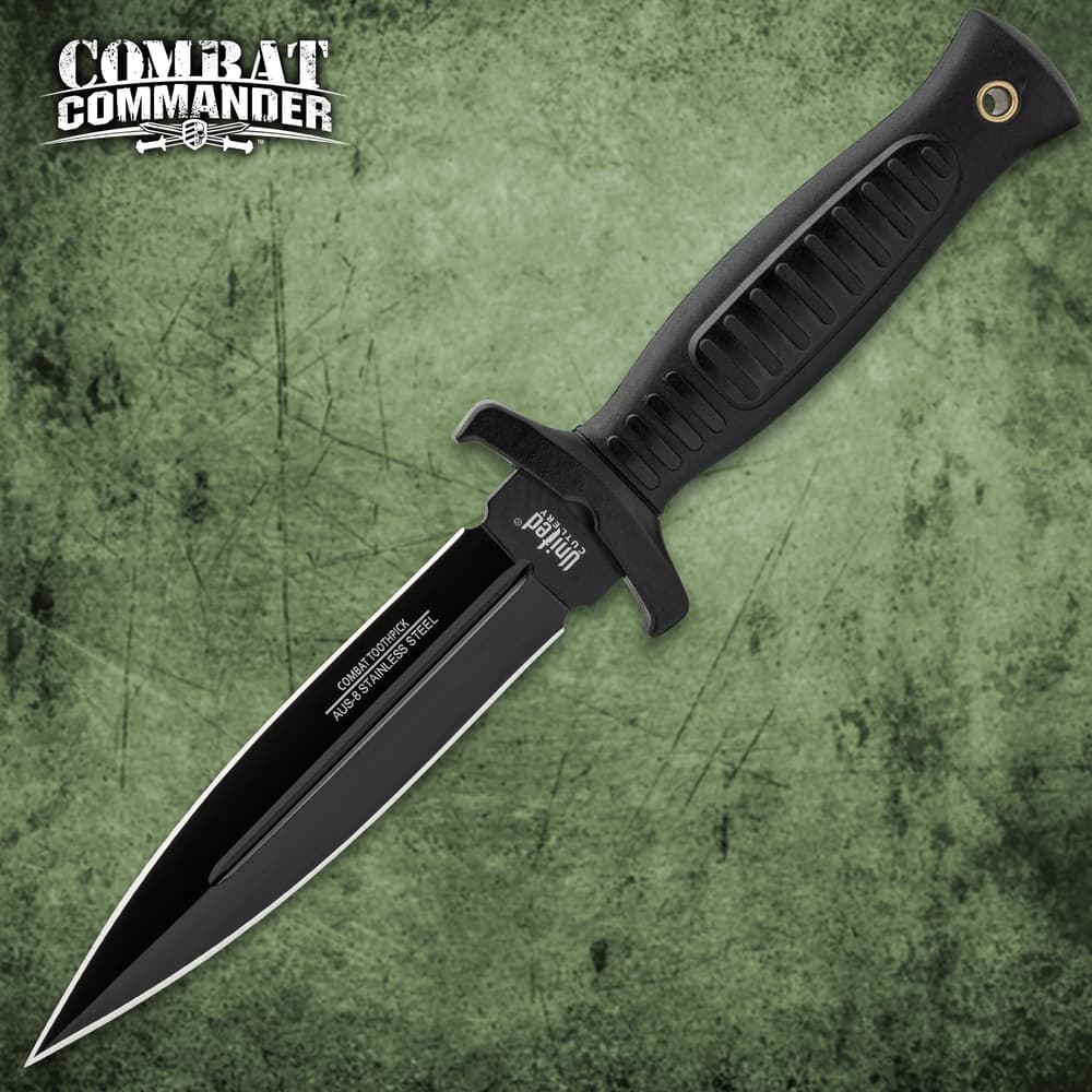 United Cutlery Commander Black Boot Knife has a black coated stainless steel blade and shoulder harness. image number 0